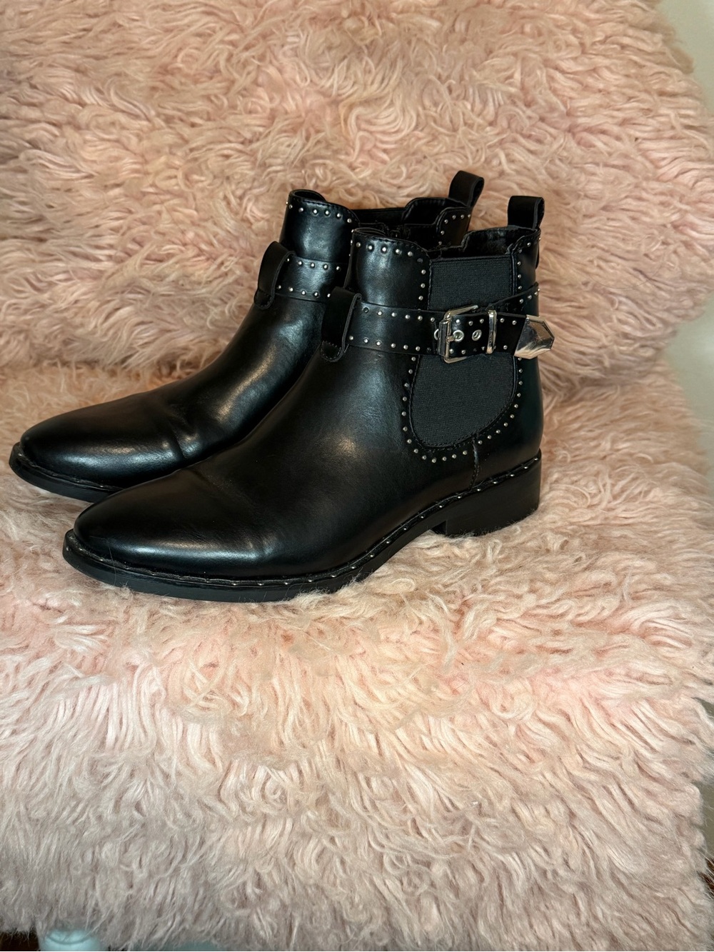 Women's Black Studded Chelsea Booties with Buckle Detail